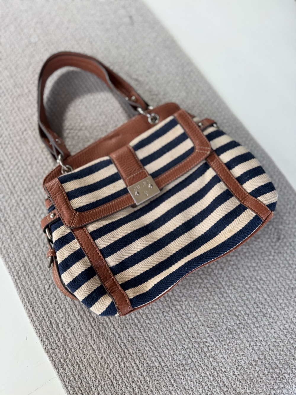 Vintage Chaps Navy Blue and Ivory Striped Shoulder Bag Purse